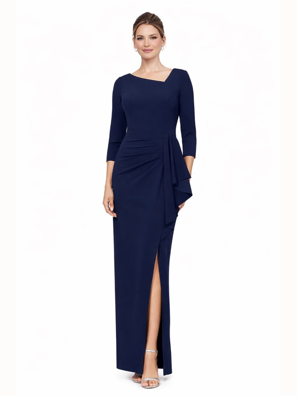XSCAPE‎ - Asymmetric Neck Ruched Side Drape Gown with Slit